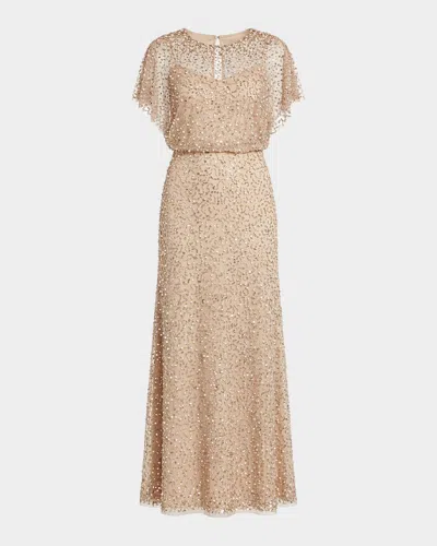 Mac Duggal Beaded Blouson Column Gown In Neutral