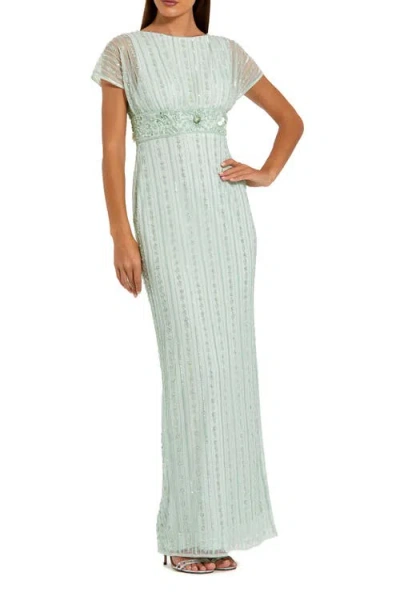 Mac Duggal Beaded Blouson Short Sleeve Column Gown In Green