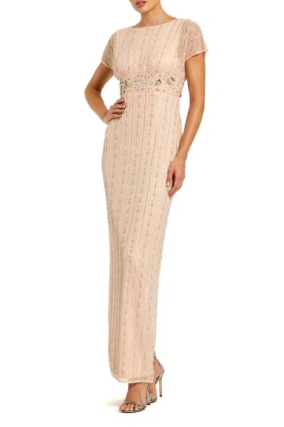 Mac Duggal Beaded Blouson Short Sleeve Column Gown In Neutral