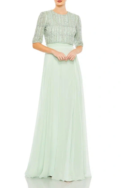 Mac Duggal Fully Beaded Bodice Chiffon Gown In Sage