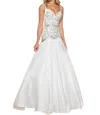 Mac Duggal Beaded Bodice Fit And Flare Ball Gown In White/silver In Multi