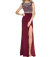 Mac Duggal Beaded Bodice Jersey Dress In Burgundy In White