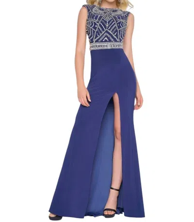 Mac Duggal Beaded Bodice Jersey Dress In Midnight In Multi