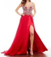 Mac Duggal Beaded Bodice Long Prom Gown In Red In Red