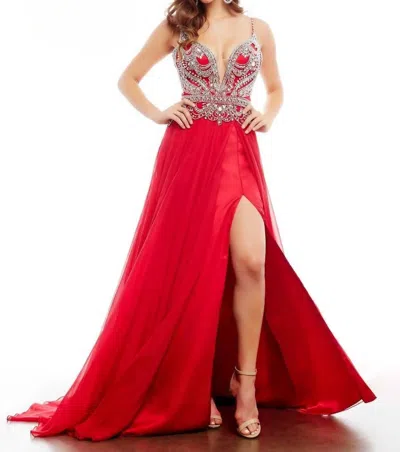 Mac Duggal Beaded Bodice Long Prom Gown In Red