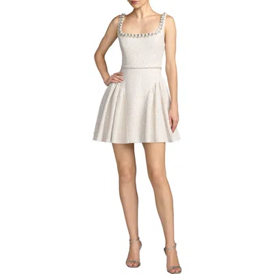 Mac Duggal Beaded Boucle Sleeveless A Line Mini Dress In White