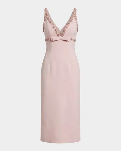 Mac Duggal Beaded Bow-front Crepe Midi Dress In Pink