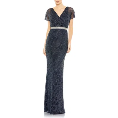 Mac Duggal Beaded Butterfly Sleeve Column Gown In Midnight