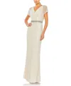 Mac Duggal Beaded Butterfly Sleeve Column Gown In Nude Silver