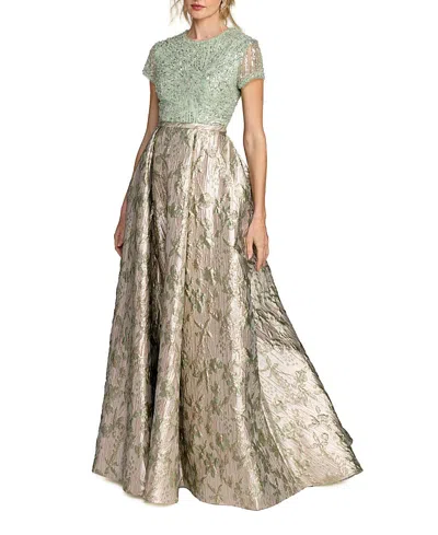 Mac Duggal Beaded Cap Sleeve Ball Gown With Metallic Brocade Skirt In Multi