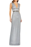 Mac Duggal Beaded Cap Sleeve V Neck Column Gown In Silver