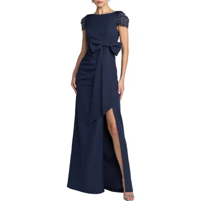 Mac Duggal Navy Beaded Cap Sleeve Crepe Gown With Bow And Slit In Blue