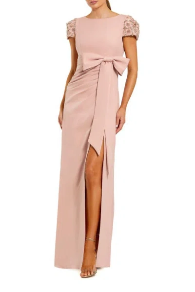 Mac Duggal Beaded Cap Sleeve Crepe Gown With Bow And Slit In Pink