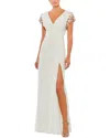 Mac Duggal Embellished Sleeve Jersey Wrap Gown In White