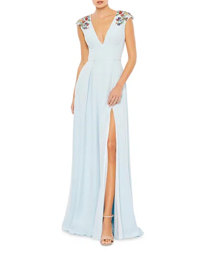 Mac Duggal Beaded Cap Sleeve V Neck A Line Gown In Blue