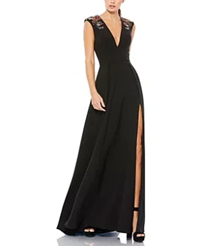 Mac Duggal Beaded Cap Sleeve V Neck A Line Gown In Black