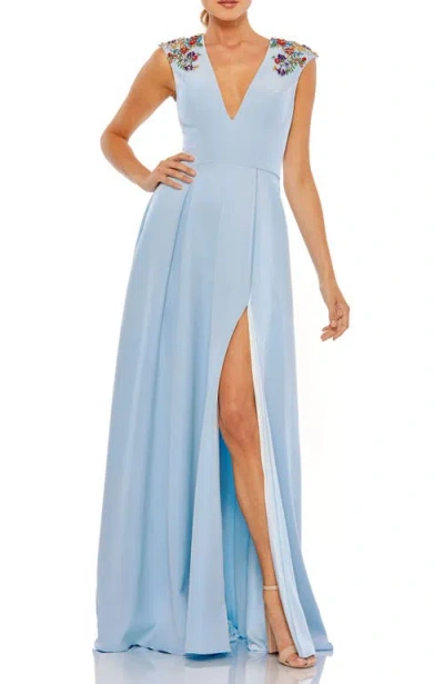 Mac Duggal Beaded Cap Sleeve V Neck A Line Gown In French Blue