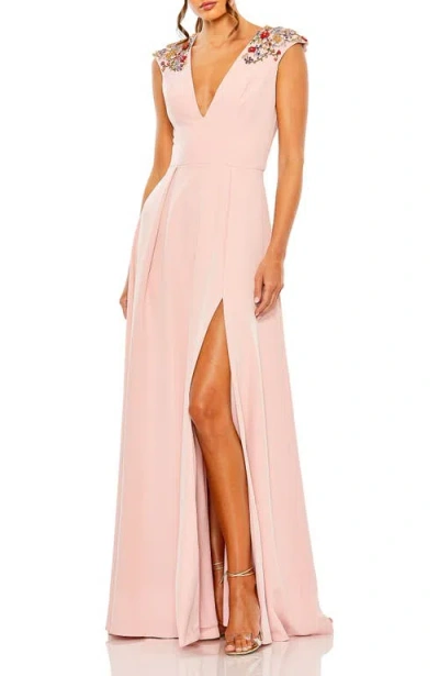 Mac Duggal Beaded Cap Sleeve V Neck A Line Gown In Rose Pink