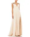 Mac Duggal Beaded Cap Sleeve V Neck A Line Gown In Vanilla