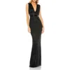 Mac Duggal Beaded Cap Sleeve V Neck Column Gown In Black