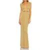 Mac Duggal Beaded Cap Sleeve V Neck Column Gown In Gold