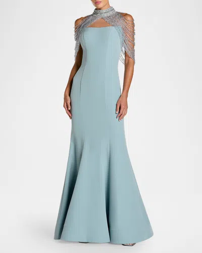 Mac Duggal Beaded Capelet Crepe Mermaid Gown In Blue