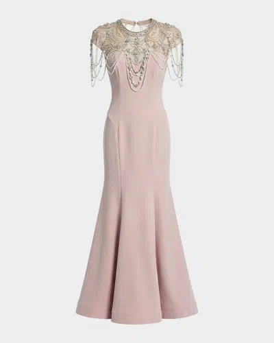 Mac Duggal Draped Pearl Beaded Detail Mermaid Gown In Pink