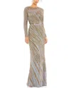 Mac Duggal Beaded Column Gown In Neutral