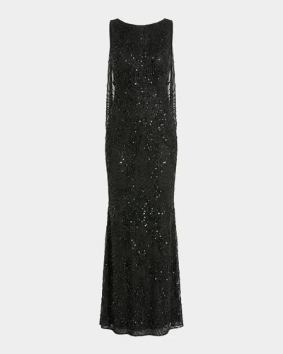 Mac Duggal Beaded Cowlback Mesh Column Gown In Black
