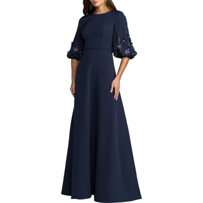 Mac Duggal Beaded Crepe Bishop Sleeve A Line Gown In Blue