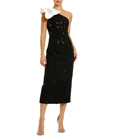 Mac Duggal Beaded Crepe One Shoulder Midi Dress With Bow In Animal Print