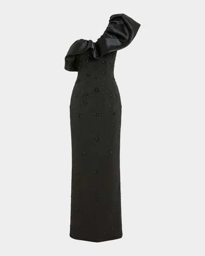 Mac Duggal Beaded Crepe One-shoulder Column Gown In Black