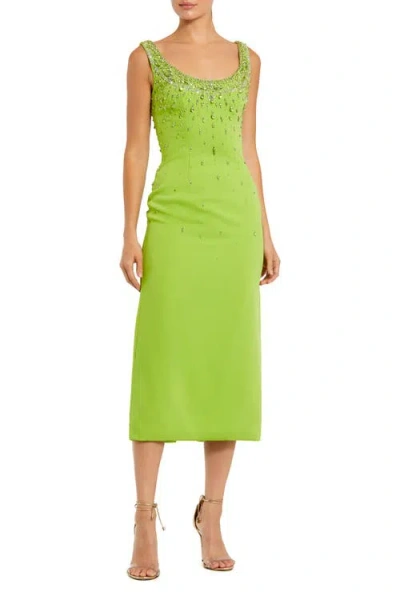 Mac Duggal Beaded Crepe Scoop Neck Sleeveless Sheath Midi Dress In Green