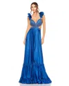 Mac Duggal Sequined Mesh Overlay Satin Dress With Ruffled Cap Sleeves And Beaded Bodice In Blue