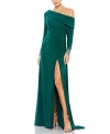 Mac Duggal Beaded Cuff Drop Shoulder Faux Wrap Gown In Emerald