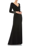 Mac Duggal Beaded Cuff Long Sleeve Wrap Front Gown In Black