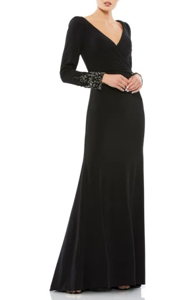 MAC DUGGAL MAC DUGGAL BEADED CUFF LONG SLEEVE WRAP OVER TRUMPET GOWN