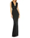 Mac Duggal Beaded Cap Sleeve V Neck Column Gown In Black