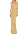 Mac Duggal Beaded Cap Sleeve V Neck Column Gown In Gold