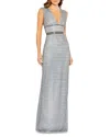 Mac Duggal Beaded Cap Sleeve V Neck Column Gown In Silver