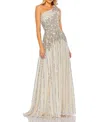 Mac Duggal Beaded Embellished One Shoulder A Line Gown In Silver Nude