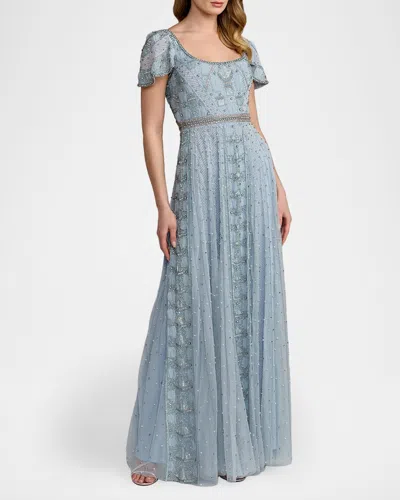 Mac Duggal Short Sleeve A Line Gown With Embellishements In Blue