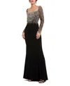Mac Duggal Beaded Embellished Square Neck Long Sleeve Jersey Gown In Black Gold
