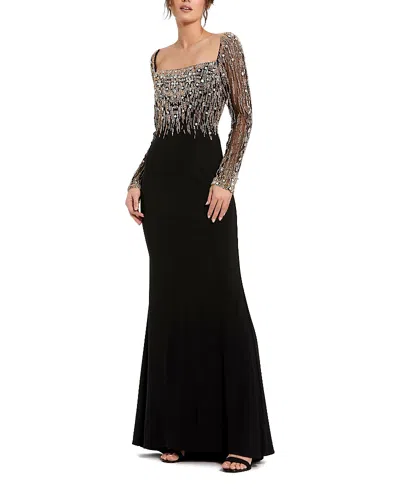 Mac Duggal Beaded Embellished Square Neck Long Sleeve Jersey Gown In Black Gold