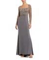 Mac Duggal Beaded Embellished Square Neck Long Sleeve Jersey Gown In Platinum Gold
