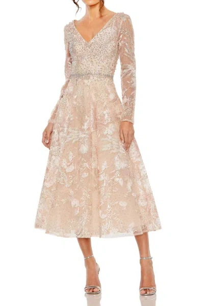 Mac Duggal Beaded Embroidered Long Sleeve V Neck Midi Dress In Multi