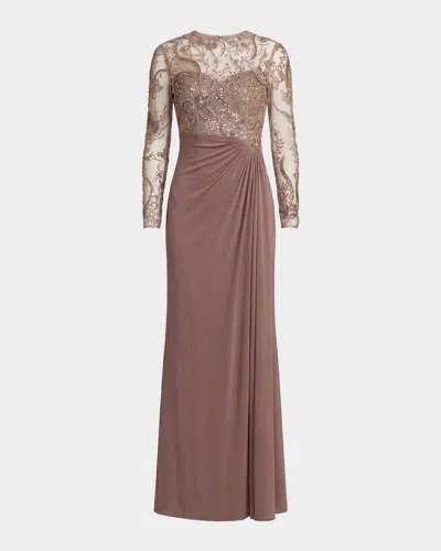 Mac Duggal Beaded Embroidered Mesh & Jersey Gown In Golden Bro