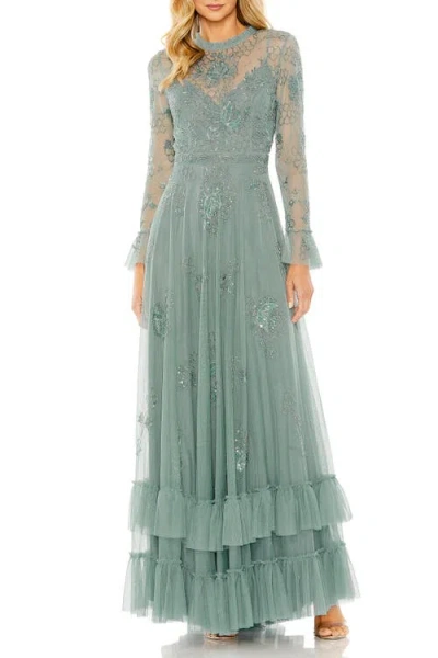 Mac Duggal Beaded Embroidered Tulle Long Sleeve Gown In Green