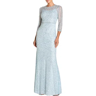 Mac Duggal Beaded Embroidery Elbow Sleeve Column Gown In Pink