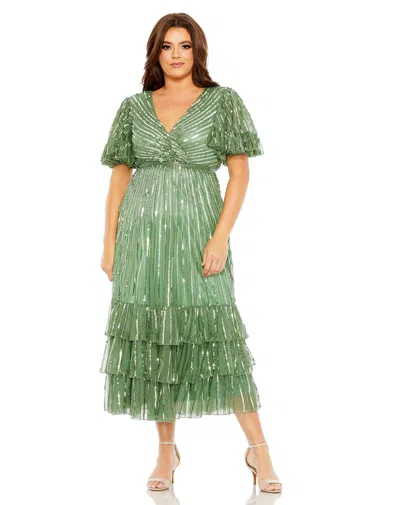 MAC DUGGAL BEADED FAUX WRAP FLUTTER SLEEVE RUFFLE DRESS